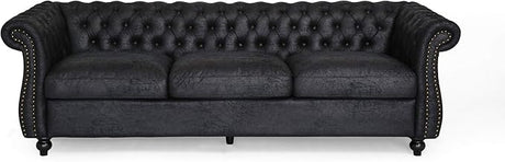 Tufted Microfiber Sofa with Scroll Arms, Black