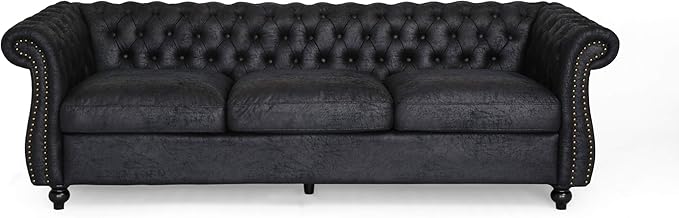 Tufted Jewel Toned Velvet Sofa with Scroll Arms, BlackBerry