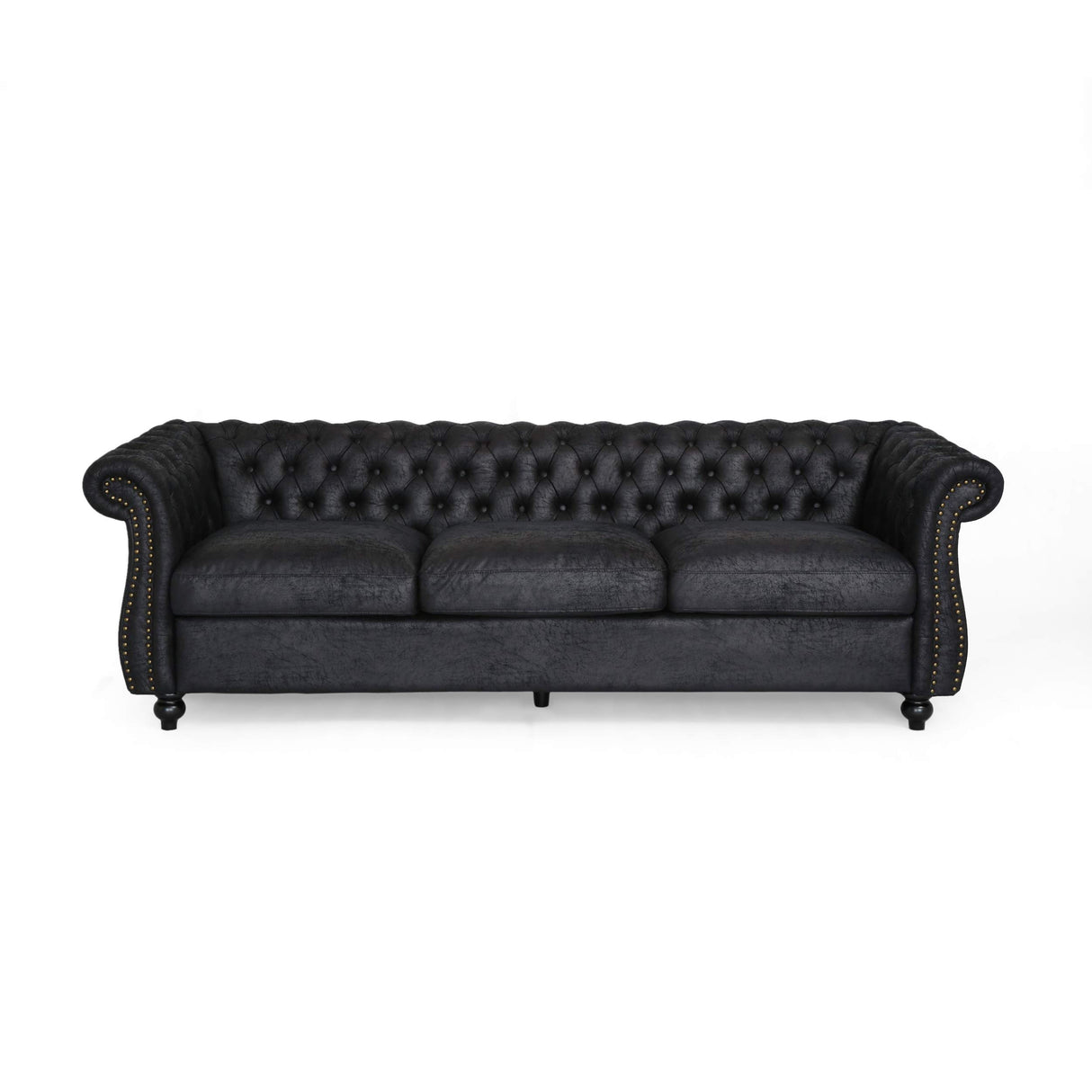 Tufted Microfiber Sofa with Scroll Arms, Black