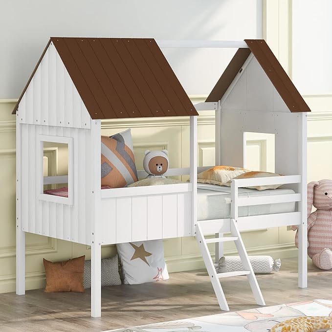 Twin Size Low Loft Bed with House Shape, House Bed with Guardrails and Climbing Ladder