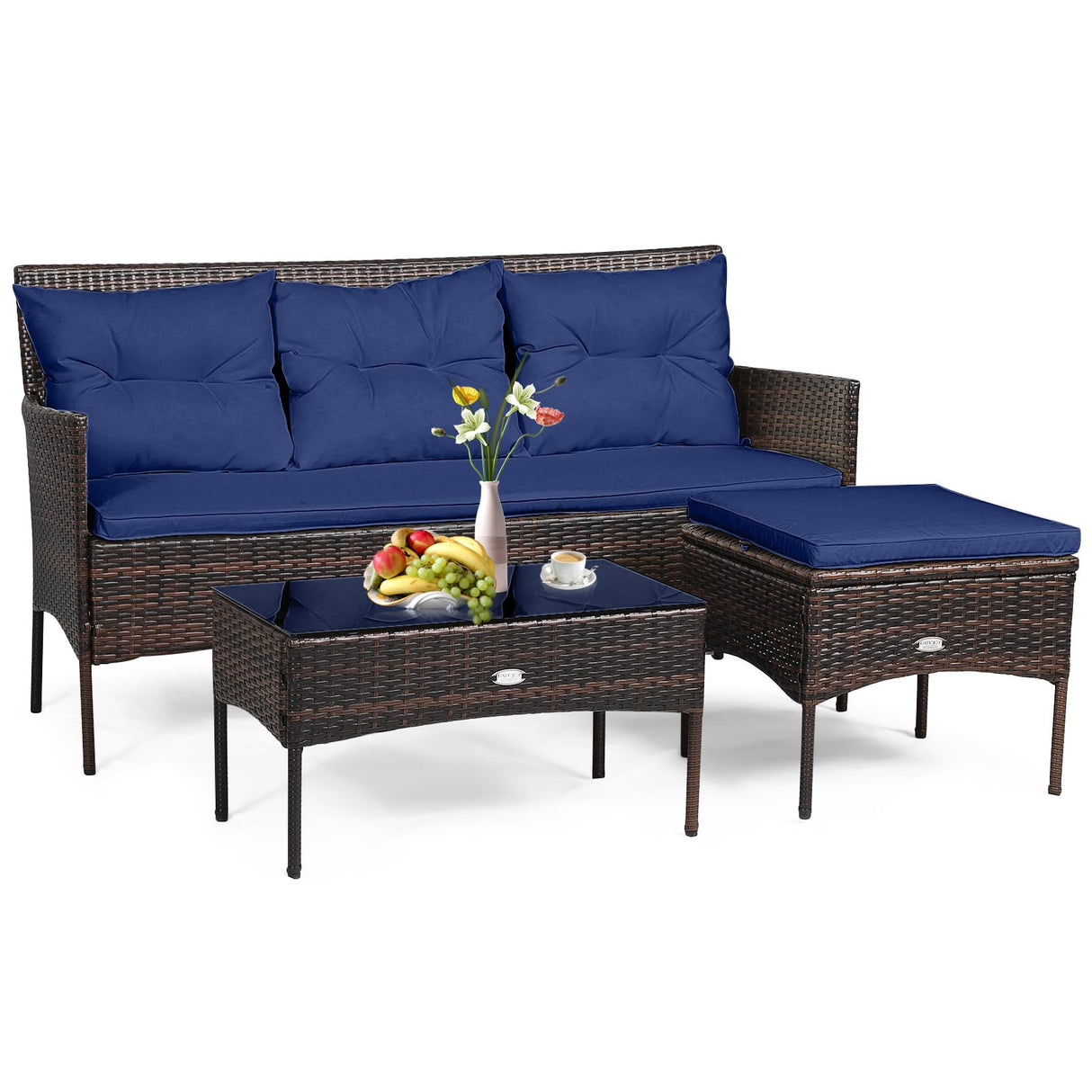 3 Pieces Patio Furniture Sectional Set, Rattan Wicker Conversation Set