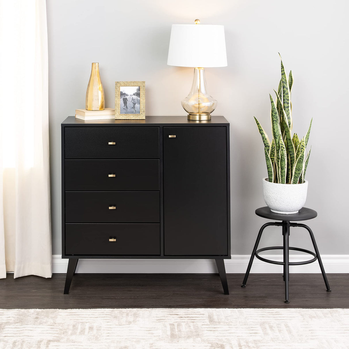 Milo Mid-Century Modern 4-drawer Chest with Door, Black