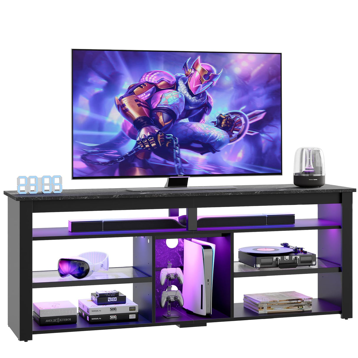70 Inch TV Stand with LED Lights - Modern Entertainment Center with Storage