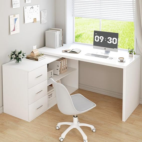 L Shaped Desk with Storage Cabinet, Wood L Shape Desk with Drawers Shelf