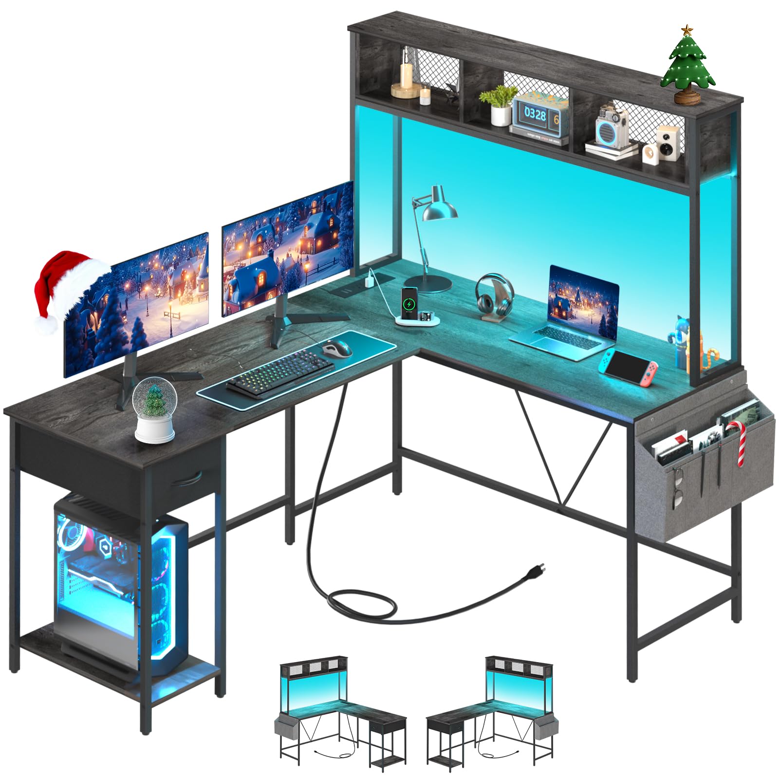 Shaped Desk Gaming Desk with LED Strip & Power Outlet, Reversible L-Shaped Computer
