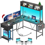 Shaped Desk Gaming Desk with LED Strip & Power Outlet, Reversible L-Shaped Computer