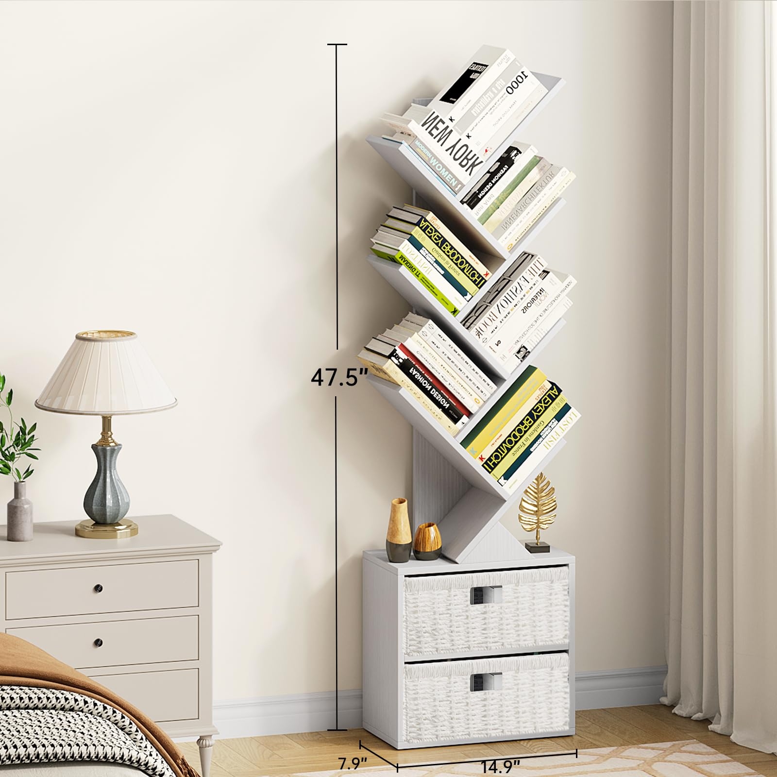 6 Tier Tree Bookshelf, Modern Floor Standing Bookcase with Storage Drawer, Space Saving Storage Organizer Book Shelves for Books, Tall Wood Storage Rack for Bedroom/Living Room/Home Office