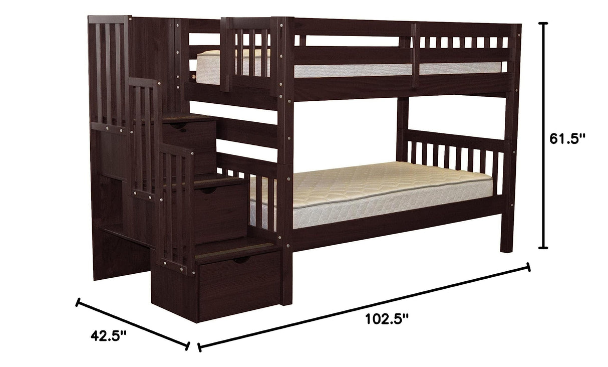 Bedz King Stairway Bunk Beds Twin over Twin with 3 Drawers in the Steps, Dark Cherry