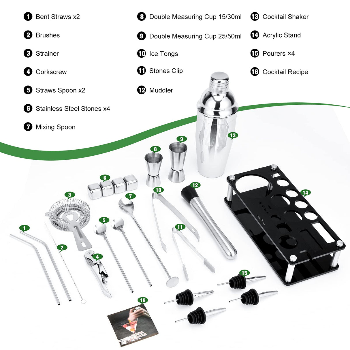 Cocktail Shaker Set, 23-Piece Stainless Steel Bartender Kit with Acrylic Stand