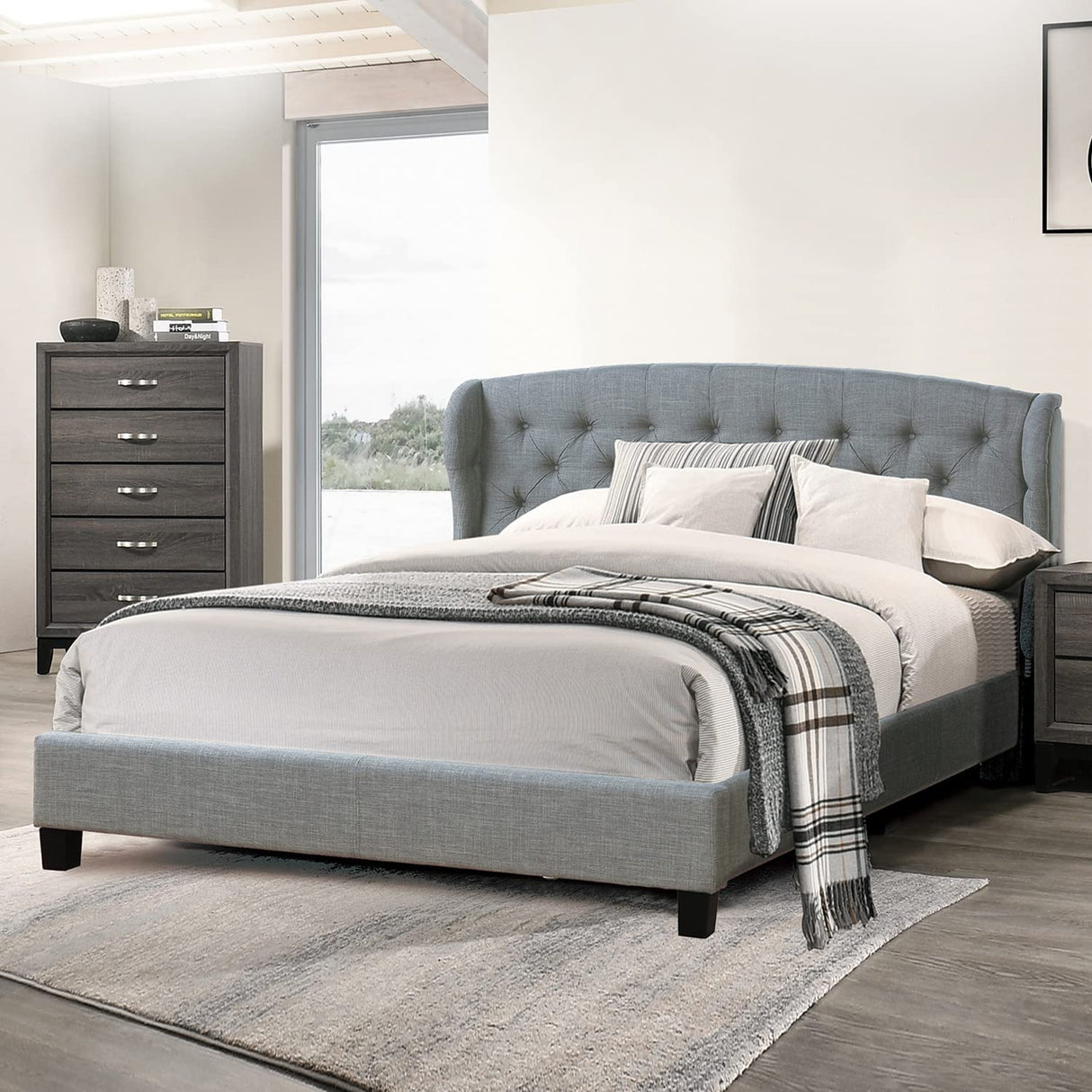 Polyfiber Upholstered Cal Size Bed, California King, Grey