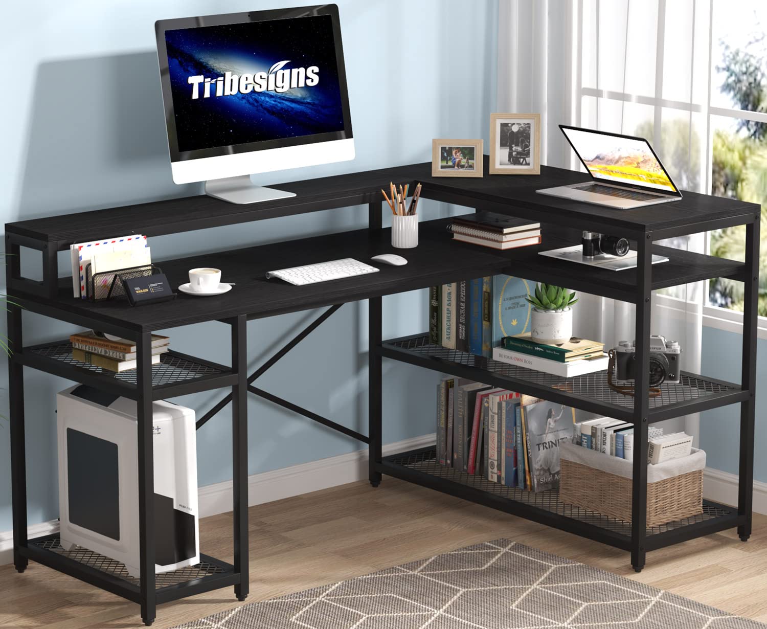 L Shaped Desk with Storage and Monitor Stand, Industrial Home Office Computer Desk