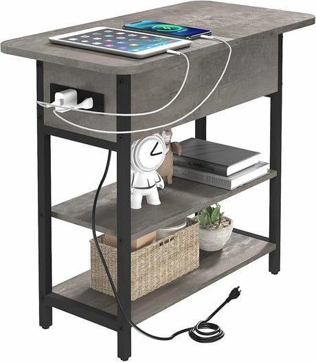 End Table with Charging Station, Flip Top Side Table with USB Ports and Outlets, Sofa Couch Table Bedside Table for Living Room Bedroom, Narrow Nightstand with Storage Shelves for Small Space