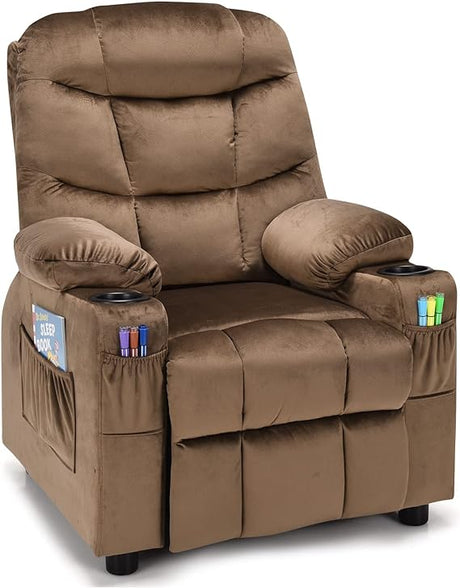 Larger Kids Recliner Chair, Adjustable Lounge Recliner w/ 2 Cup Holders, 1 Side Pocket