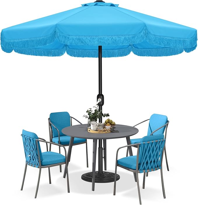 9ft Patio Umbrella with Fringe Outdoor Tassel Umbrella for Holiday Garden Lawn Pool Yard