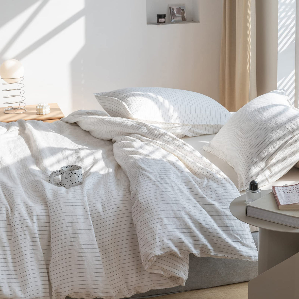 3Pcs Striped Washed Natural Flax Bedding Set
