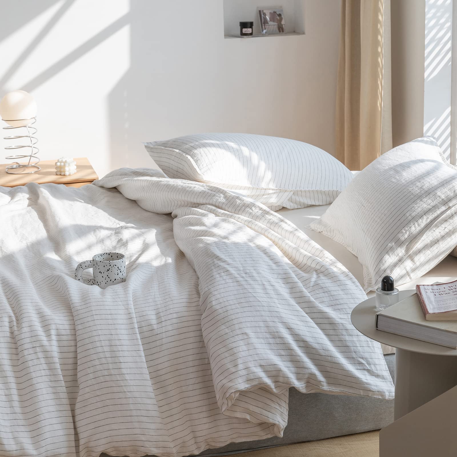 3Pcs Striped Washed Natural Flax Bedding Set