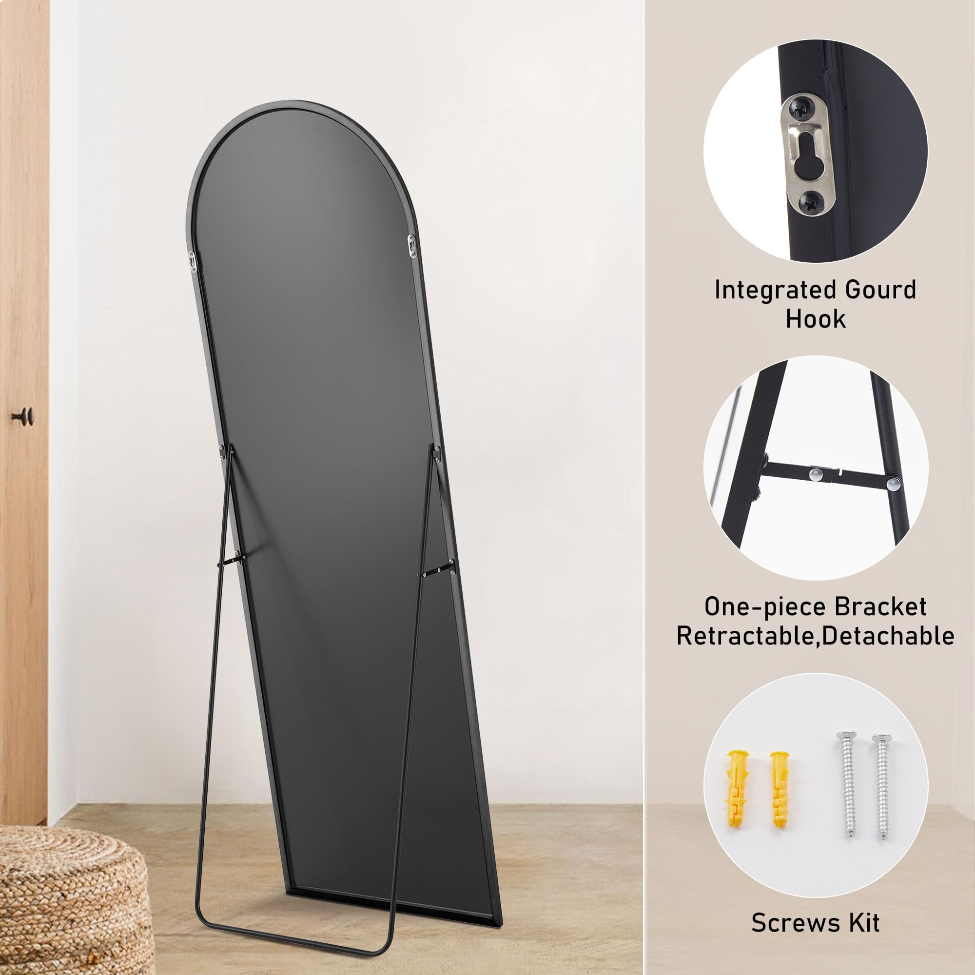 Arched Full Length Mirror 64.1" x 21.5" - Black Aluminum Frame Floor Standing