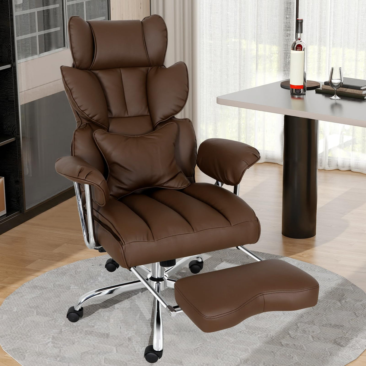 Big and Tall Office Chair 400lbs PU Leather Computer Chair with Footrest and Lumbar Support Executive Chair Swivel Chair Desk Chair Adjustable Height & Reclining Backrest Brown