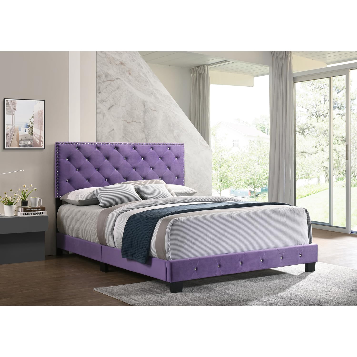 Gothic Grandeur Purple Velvet Queen Bed with Tufted Headboard