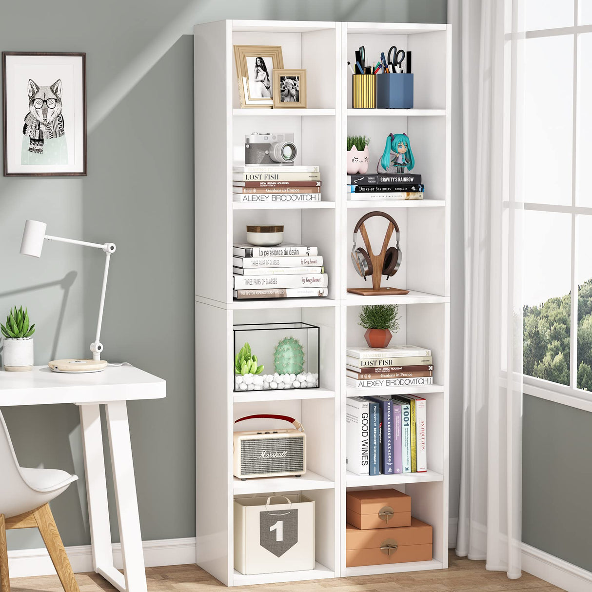 70.9 Inch Tall Narrow Bookcase, Modern White Corner Bookcase with Storage