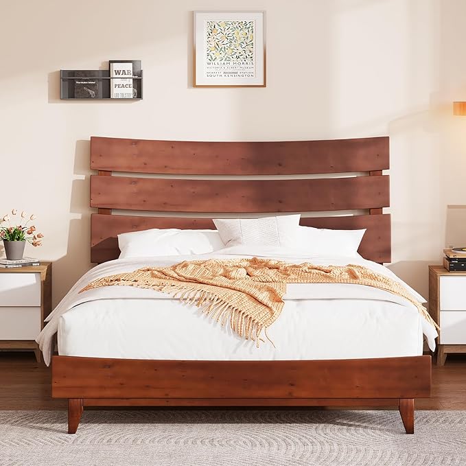 AMERLIFE Queen Size Solid Wood Platform Bed Frame with Wooden Headboard,