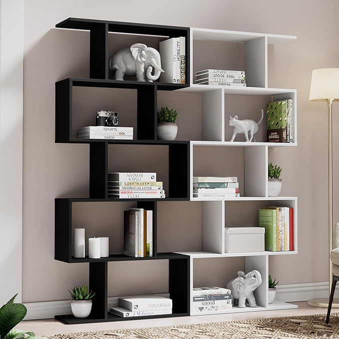 Castle Set of 2 Geometric Bookcase, S-Shaped Modern Bookshelf, Room Divider Bookshelf, 62" Tall Unique Abstract Bookcase with 5-Tier Display Shelf for Living Room Office, Black
