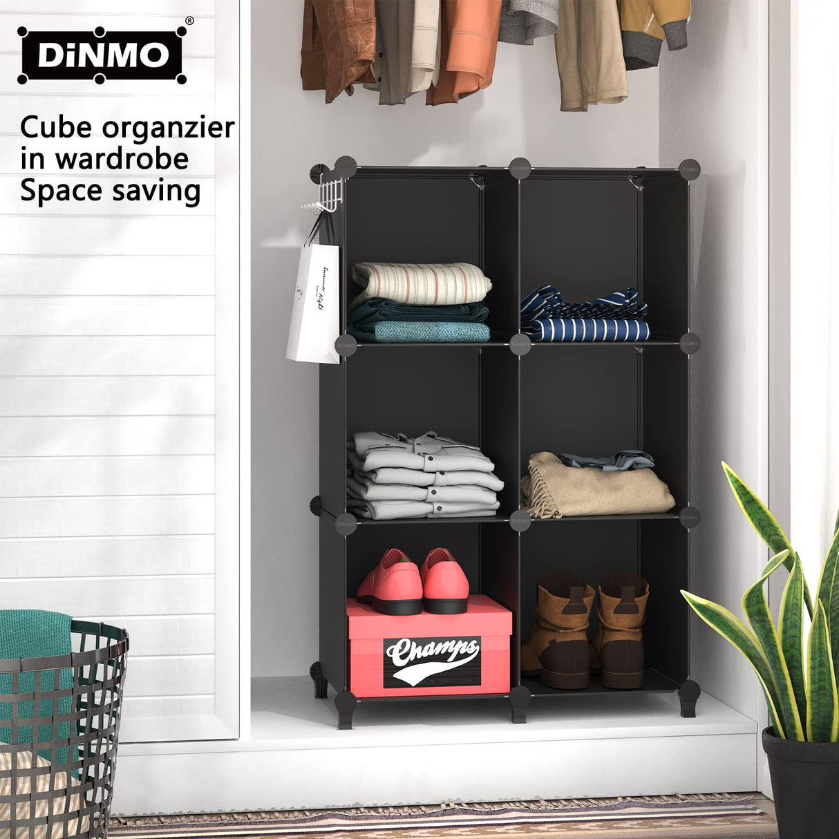 DINMO 6 Cubes Storage Organizer, Bookcase, Display Shelf with Wooden Mallet, Cabinet Storage for Kids, Adult, Office, Bedroom, Bathroom, Black