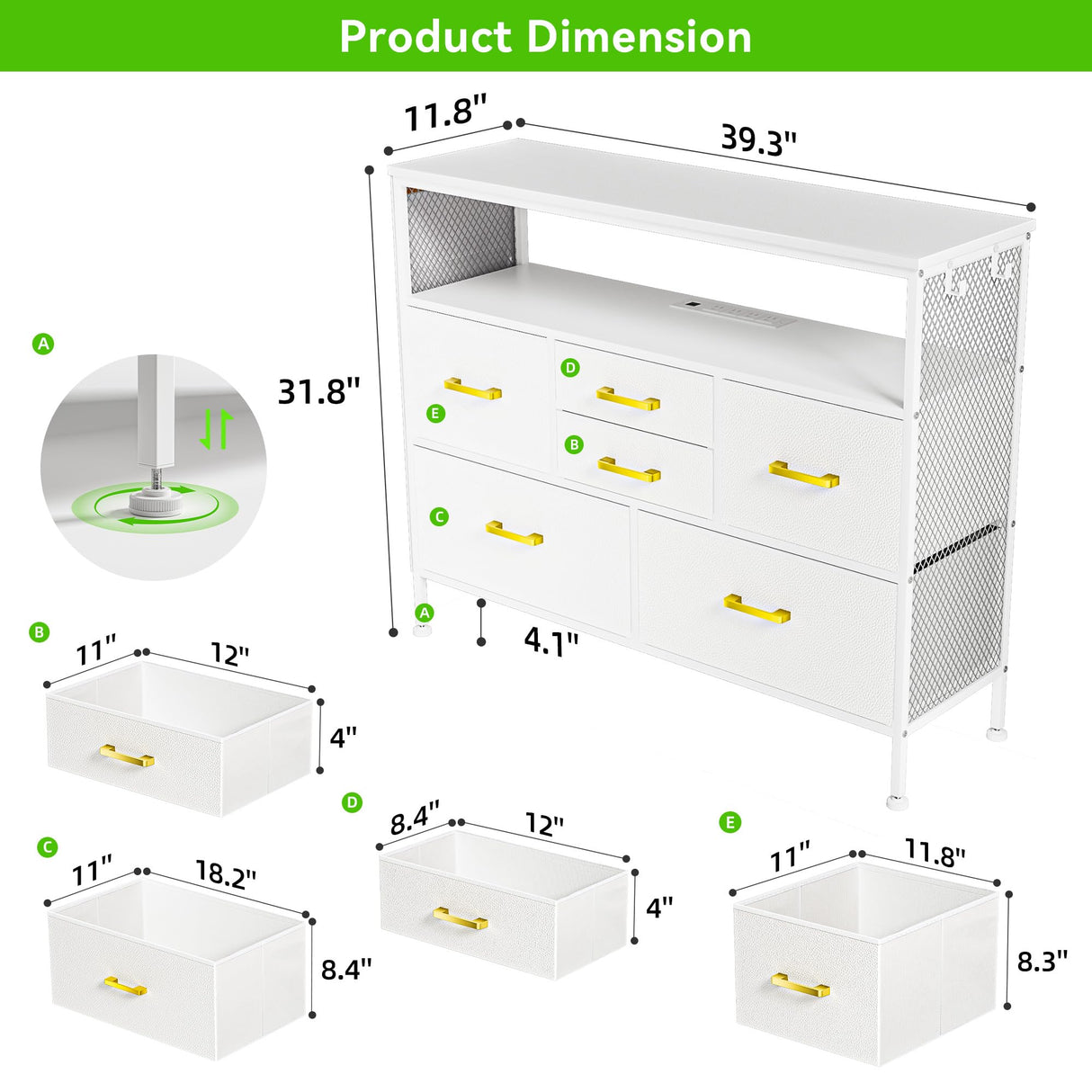 White Dresser for Bedroom Dresser, TV Stand with 6 Drawers, Bedroom Dresser with Power Outlets and LED Light, Fabric Dressers & Chests of Drawers with Shelves, Side Pockets & Hooks for 45" TV