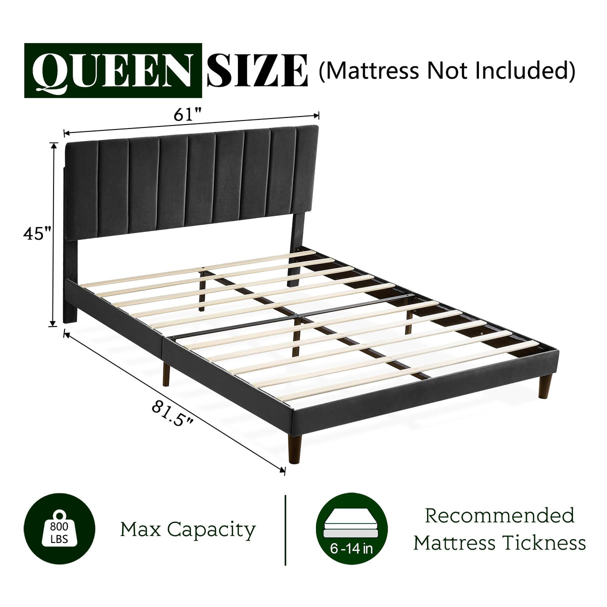 Queen Size Bed Frame, Velvet Fabric Platform Bed with Upholstered Headboard