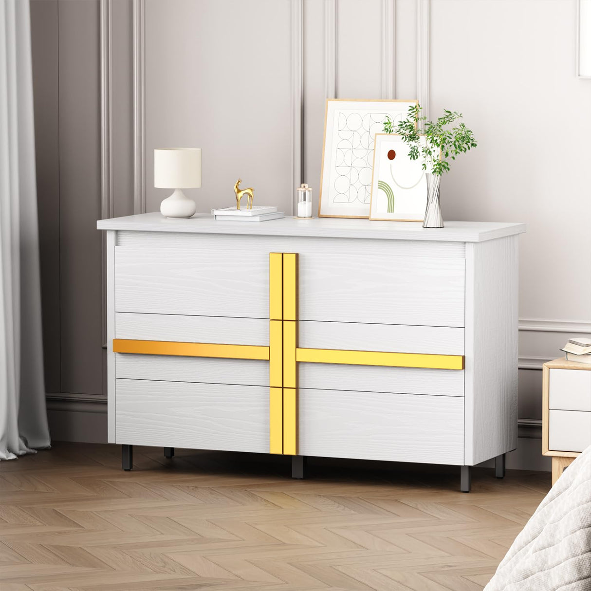 White Dresser for Bedroom, Wood Dresser, 6 Drawer Dresser with Gold Handle, Modern