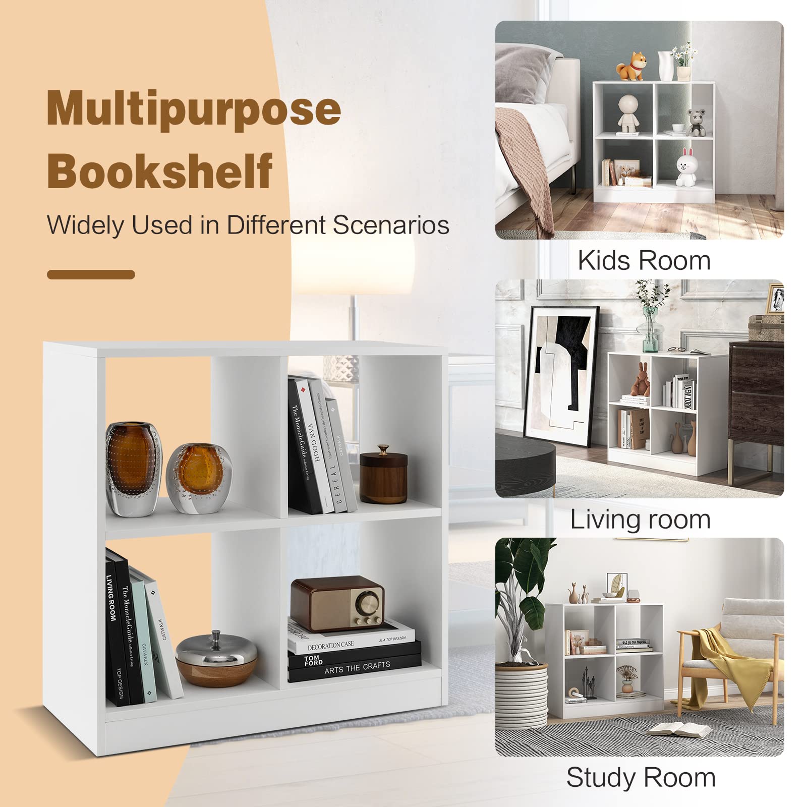 4-Cube Bookcase White - 2-Tier Freestanding Open Bookshelf
