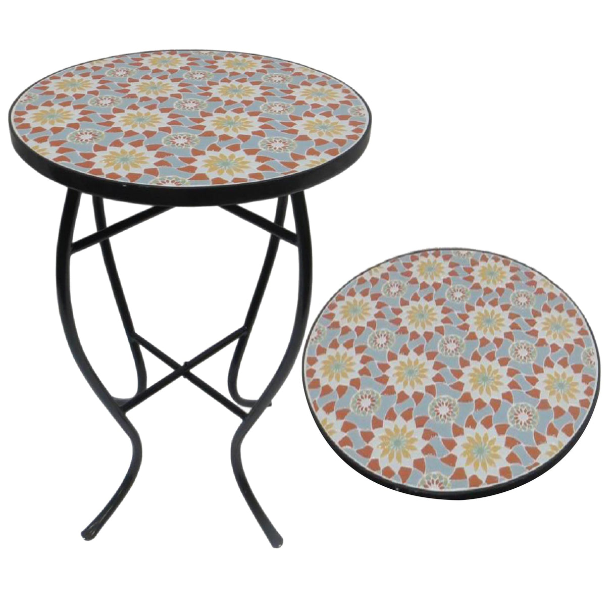 Outdoor Side Table Mosaic 14 Inch Round Accent Table Plant Stand with Concrete Tile Top