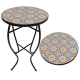 Outdoor Side Table Mosaic 14 Inch Round Accent Table Plant Stand with Concrete Tile Top