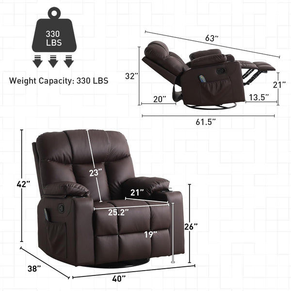 Bonzy Home Oversized Swivel Rocker Recliner Chair, 40" Extra Wide Recliner with Massage and Heat, PU Leather Single Sofa with Swivel Function, 2 Cup Holders for Living Room Bedroom, Brown