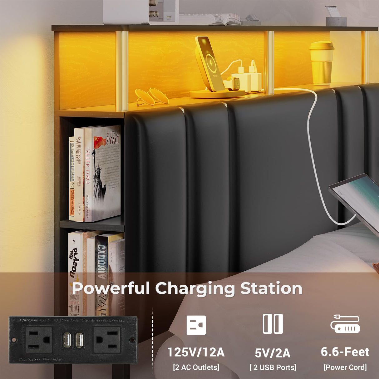 Bed Frame Full Size with Bookcase Headboard and 4 Storage Drawers, Leather