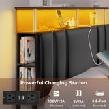 Bed Frame Full Size with Bookcase Headboard and 4 Storage Drawers, Leather