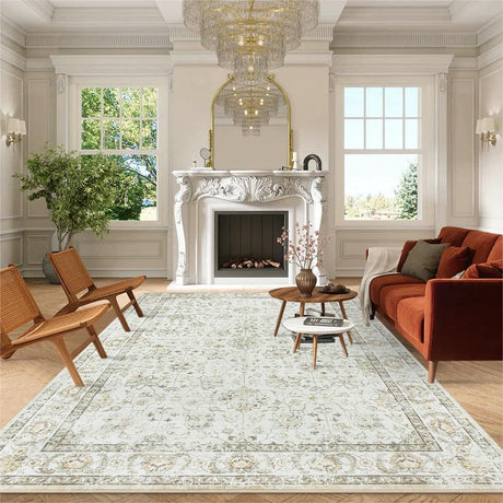 Washable 8X10 Area Rugs for Living Room, Low- Pile Beige Rug Cream Living