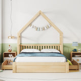 Queen Size House Bed Frame with Storage Drawers and Guardrail