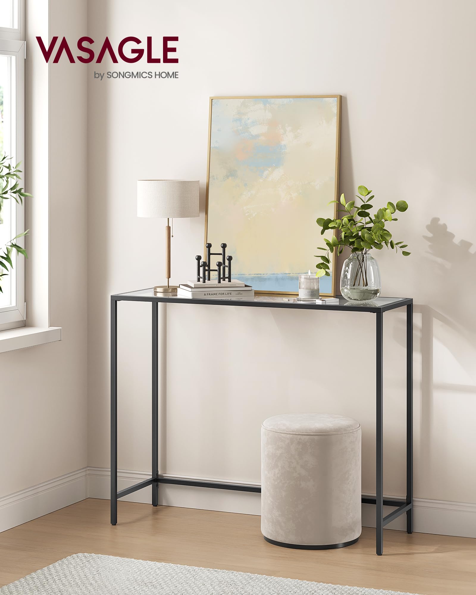39.4 Inches Console Table, Tempered Glass Sofa Table, Modern Entryway Table, Metal Frame, Easy