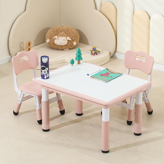 Kids Table and Chairs, Height-Adjustable Toddler Table and Chair Set with 31.5''Lx23.6''W Graffiti Desktop