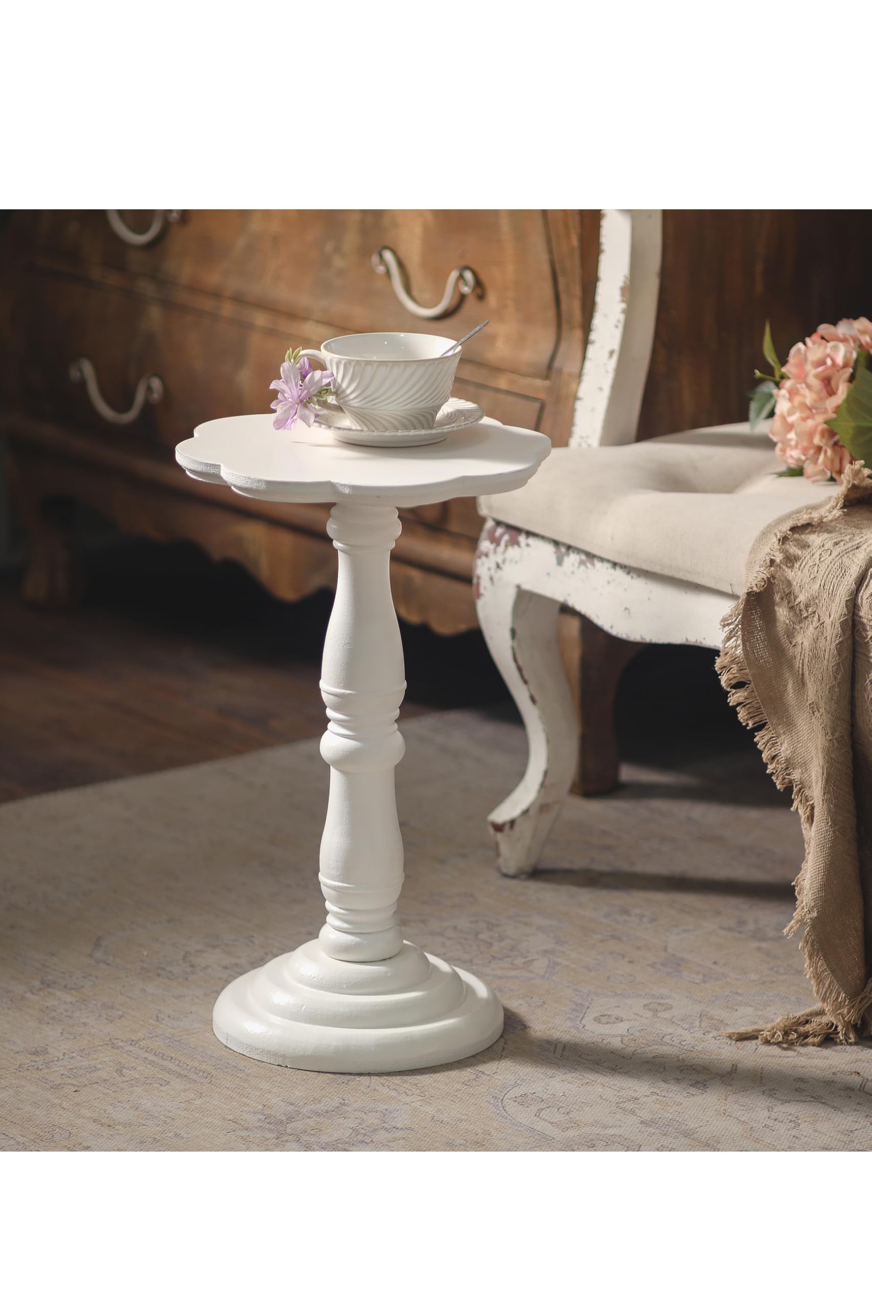 White Round Small Pedestal Side Table 19" Tall, Wooden Drink Tables for Small Spaces