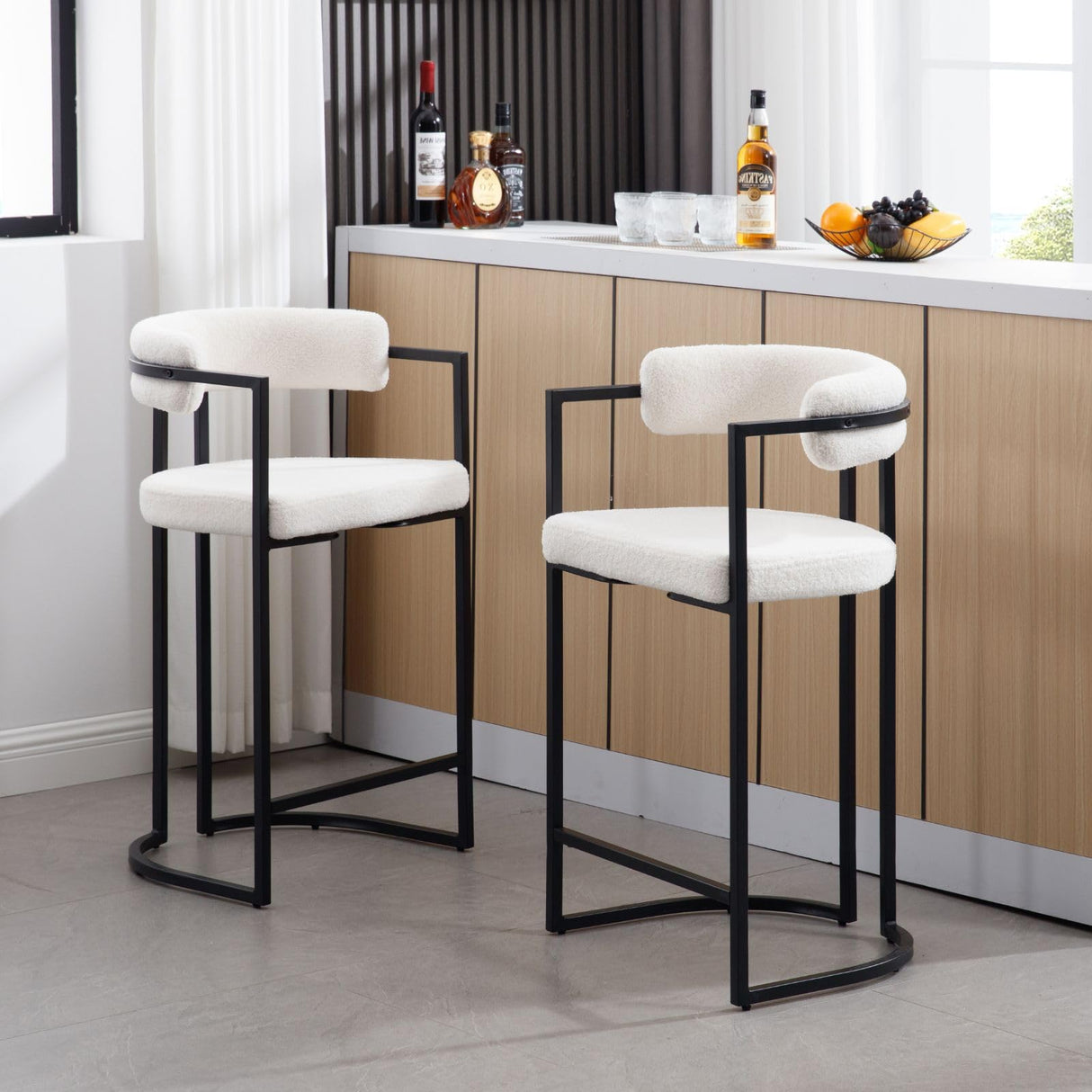 White Boucle Counter Height Bar Stools Set of 2, Modern 26 Inch Barrel Barstools