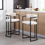 White Boucle Counter Height Bar Stools Set of 2, Modern 26 Inch Barrel Barstools