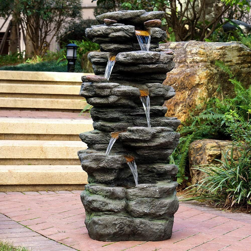 40-inch Tired Outdoor Rock Water Fountain Cascading Waterfall W/Light Grey Modern