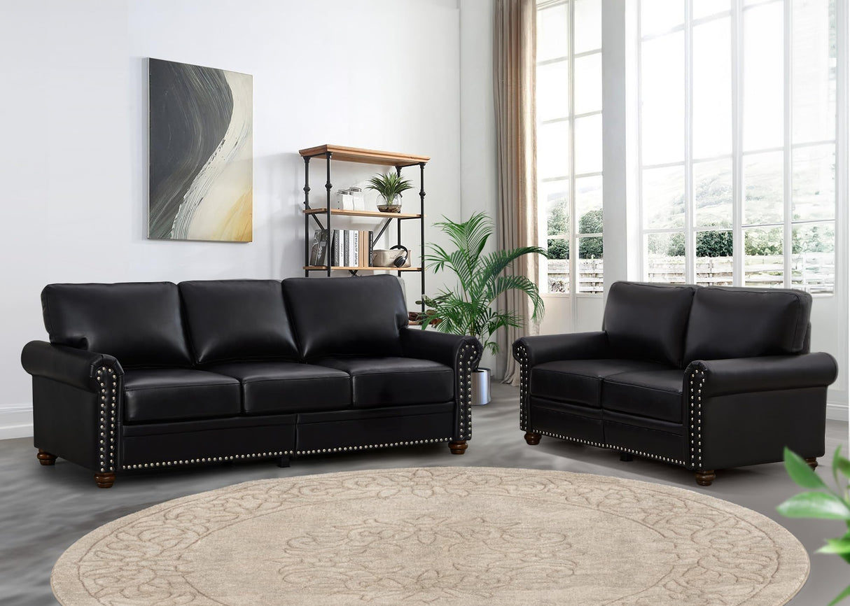 Faux Leather Sofa Couch,82" Mid Century Modern Couch with Storage Place,Oversized 3 Seater Sofa with Nailhead Trim&Rolled Arm,Deep Seat Comfy Couch for Living Room,Apartment,Office(Black)