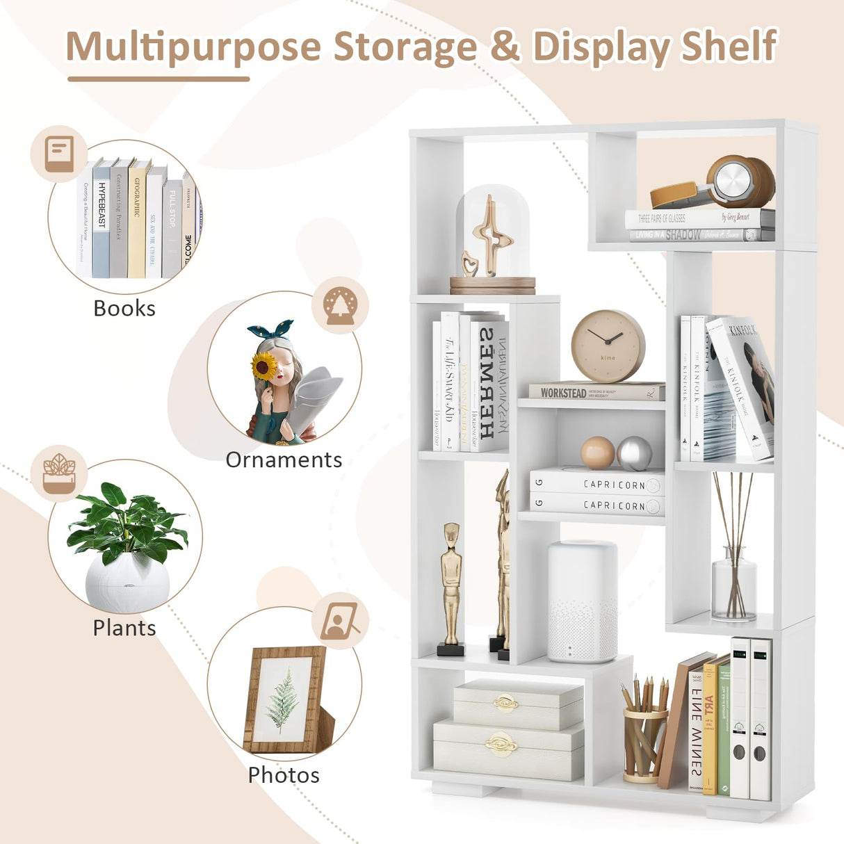 47" Bookshelf Set of 2, Modern Wooden Geometric Bookcase with Open Shelves, Anti-Tipping Kits, Wood Book Case Shelf, Open Cube Storage Organizer Display Rack for Living Room, White