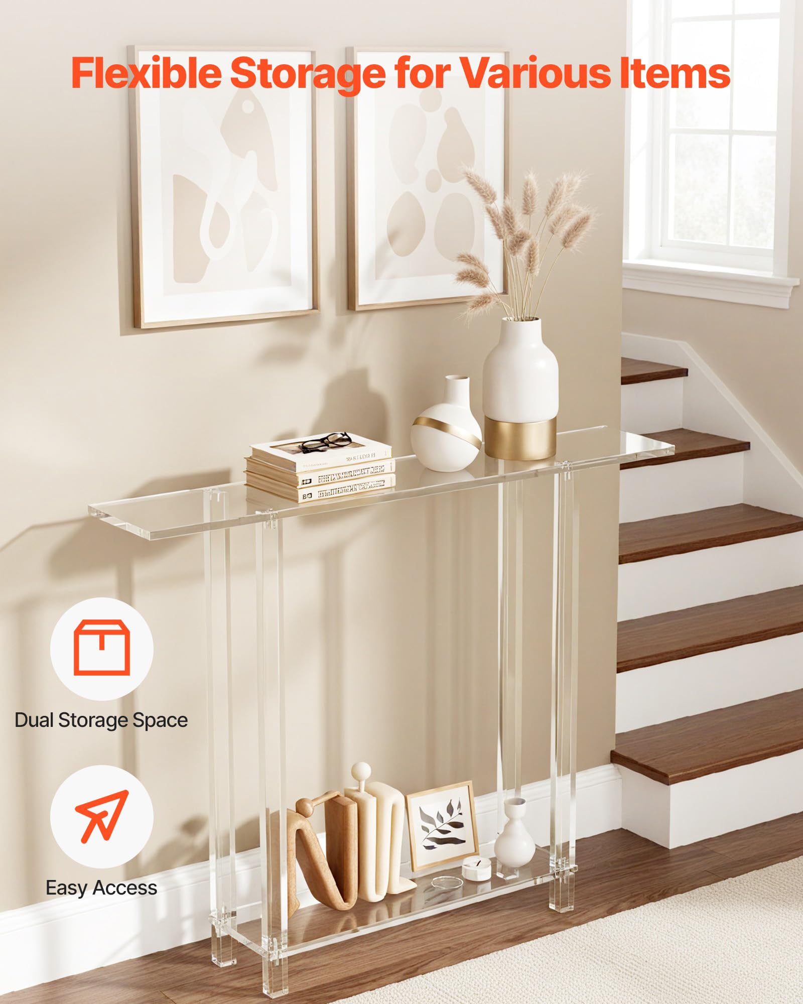 Clear Acrylic Console Table - 2-Tier Narrow Entryway Table 39.4" W