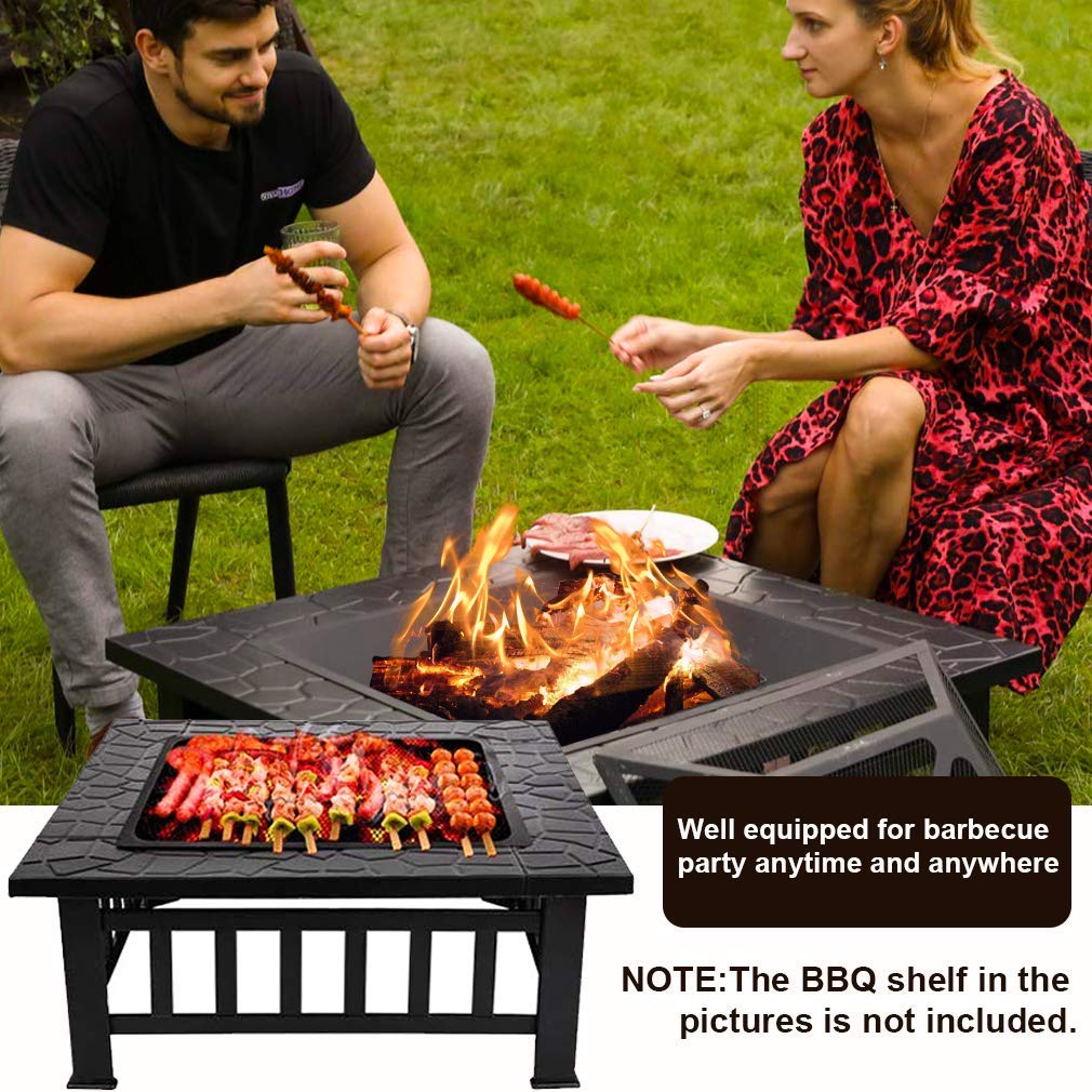 Best Outdoor Fire Pit for Wood 32" Metal firepit for Patio Wood Burning Fireplace Square Garden Stove with Charcoal Rack, Poker & Mesh Cover for Camping Picnic Bonfire Backyard, High Capacity Firepit