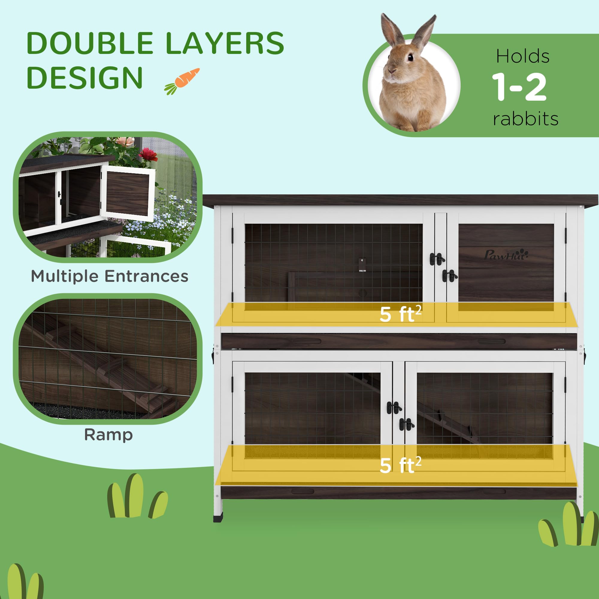 Rabbit Hutch, Outdoor 2-Tier Rabbit Cage, 46" Wooden Guinea Pig Cage