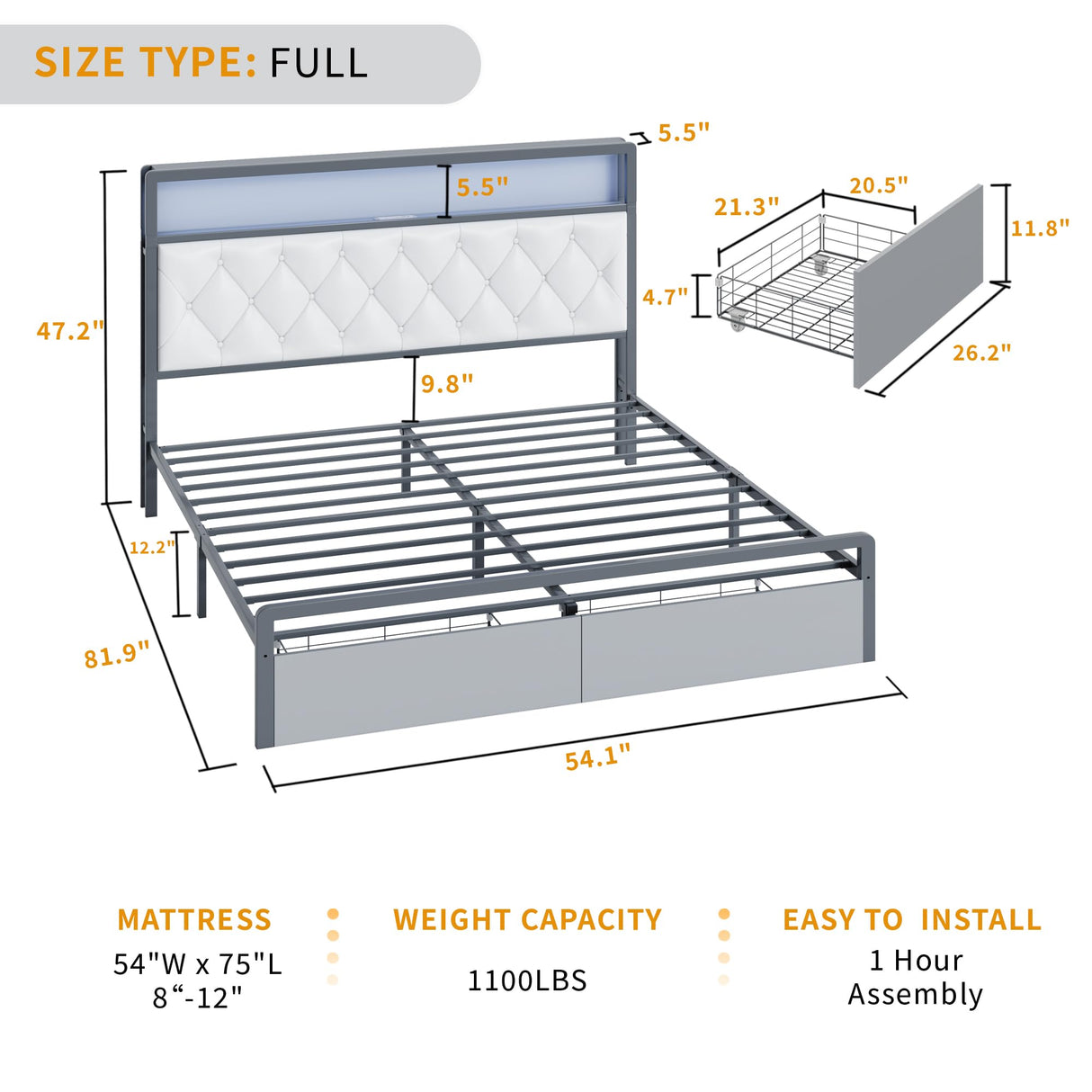 Full Size Bed Frame with 2 Storage Drawers, Upholstered Full Bed Frame with LED Lights